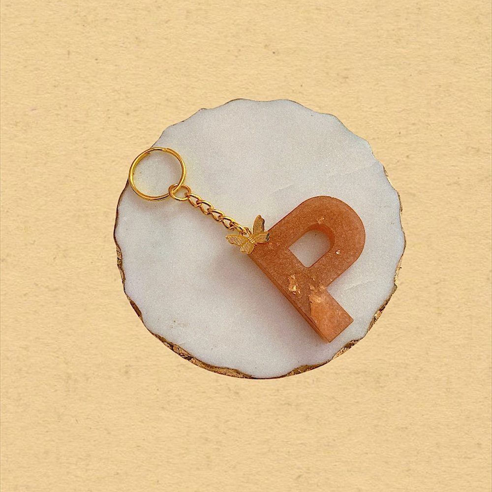 Custom Letter “P” Butterfly Key Chain - Peach Gold